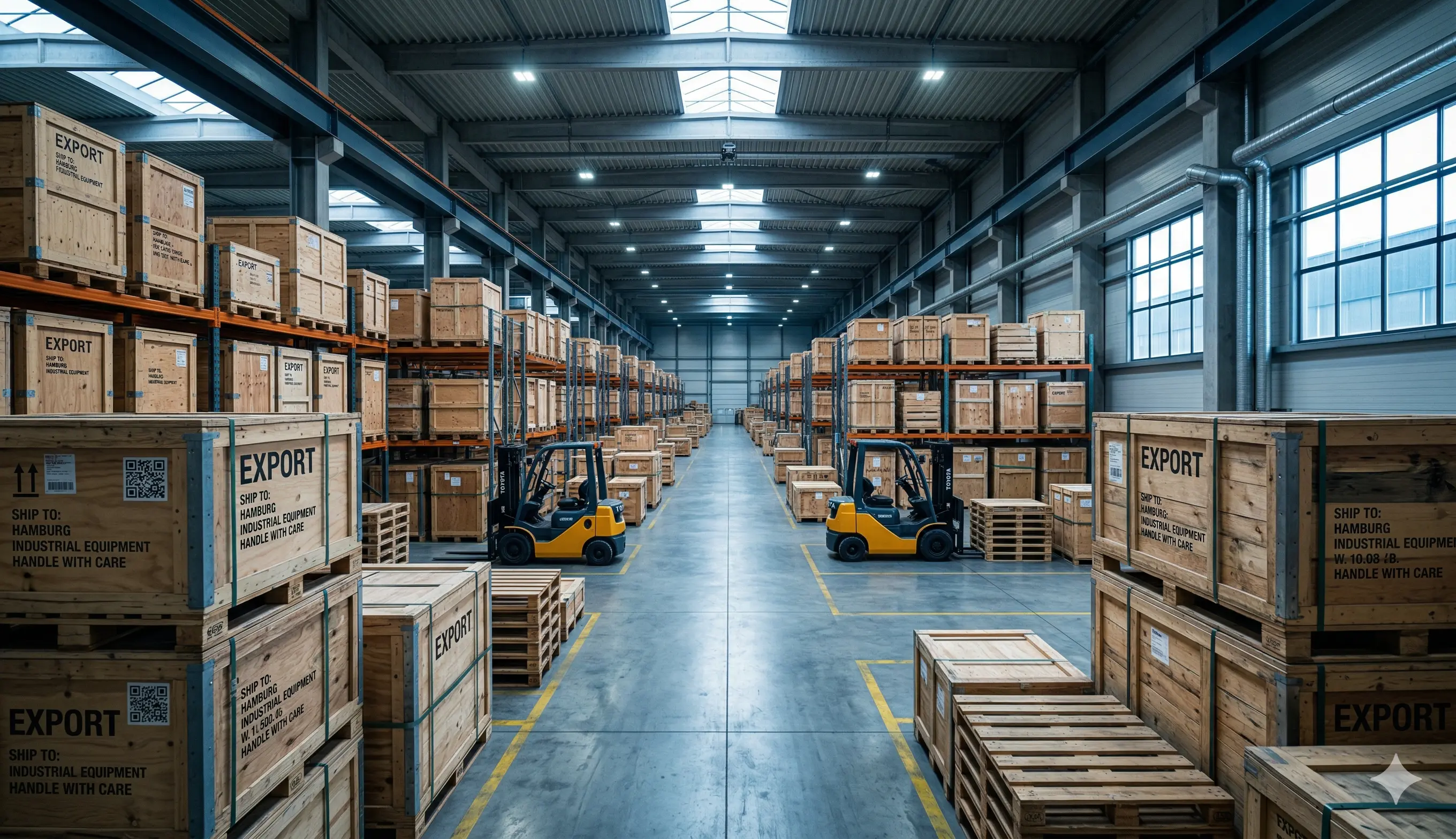 Industrial packaging warehouse with cargo and wooden crates
